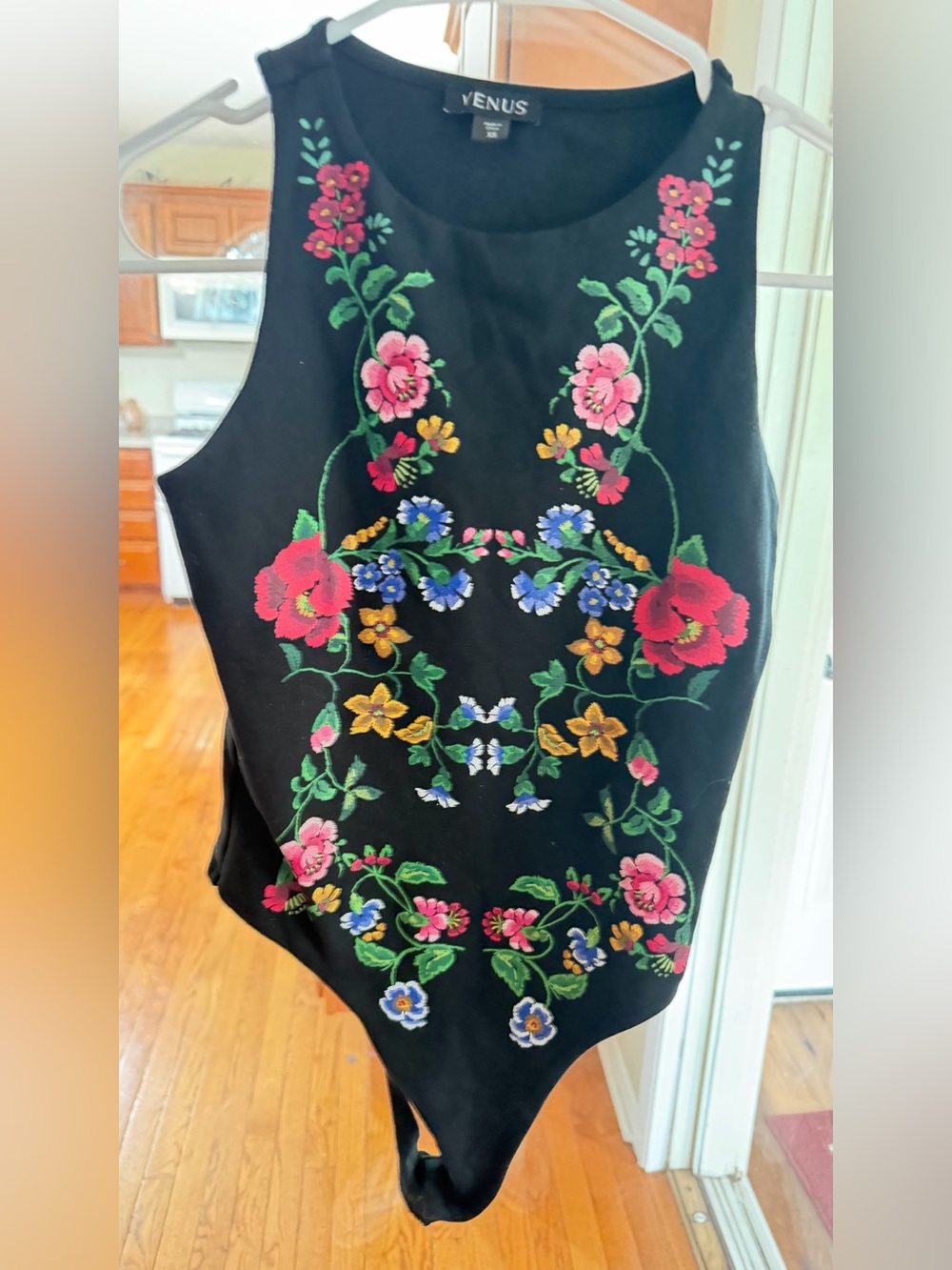VENUS XS As Is Black Sleeveless Bodysuit with Multicolor Floral Embroidery